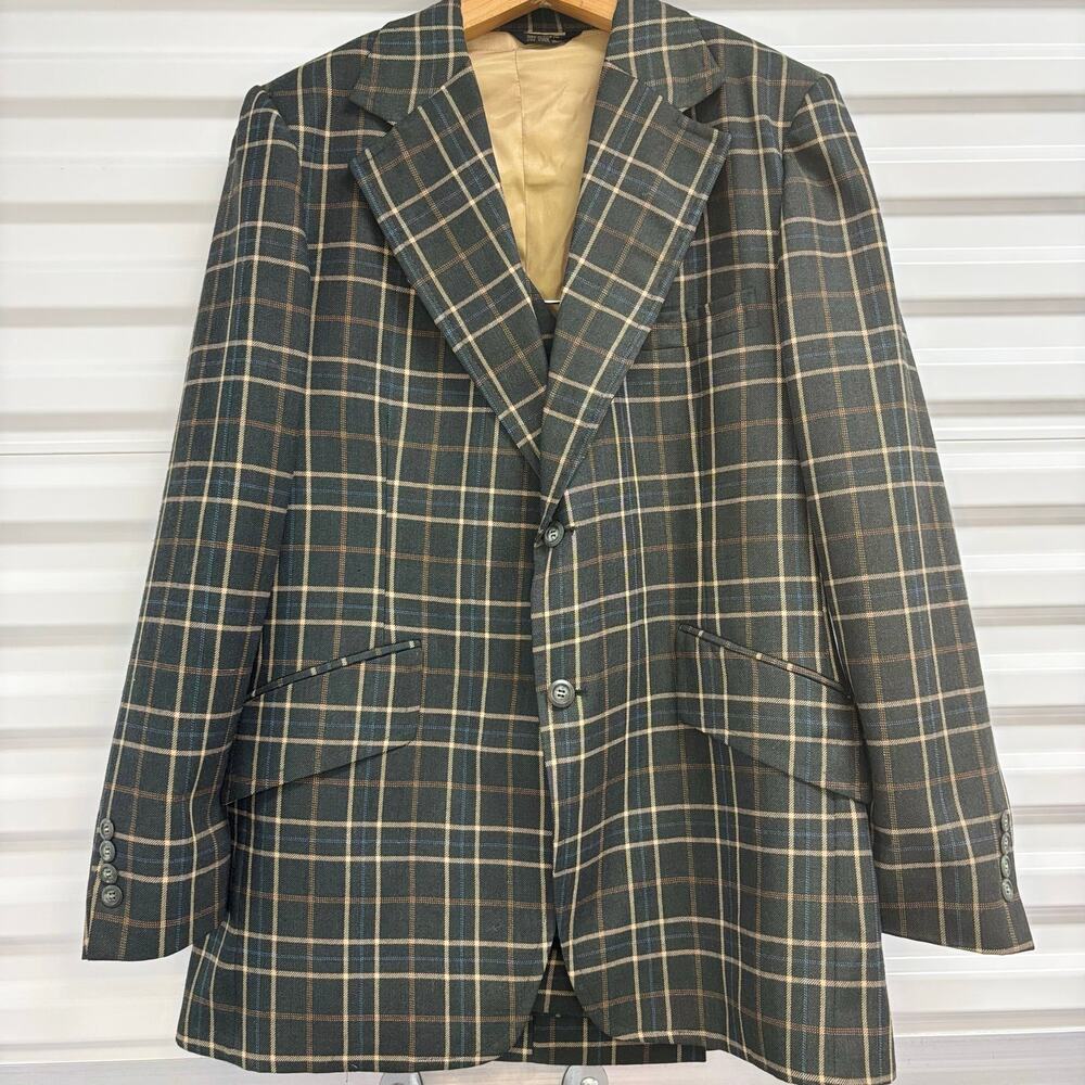 Vintage Johnny Carson 3 Pc Suit Mens Plaid Windowpane Blazer Vest Pants USA